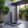 DOCCIA-ELLA-GRIGIA-WOOD SINED Ducha Solar Gris de Aluminio con Banda Central Color Madera Estructura de 40 Litros Altura 224 cm Para Jardín y Piscina con Mezclador y Ducha Cuadrada Modelo Ella