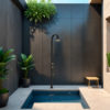 LUNA-ALU-NERA-ORO SINED Ducha de Aluminio Negro y Dorado con Rociador Circular y Boquillas Antical Doble Conexión Agua fría o caliente Para uso interior y exterior Modelo LUNA ALU NERA ORO